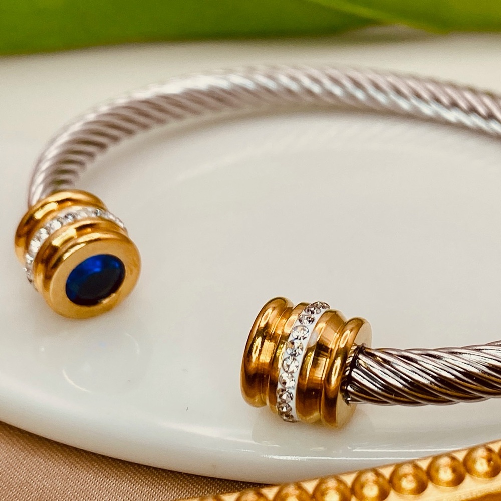 Gold and Silver Crystal Cable Cuff Bracelet with Blue Accent